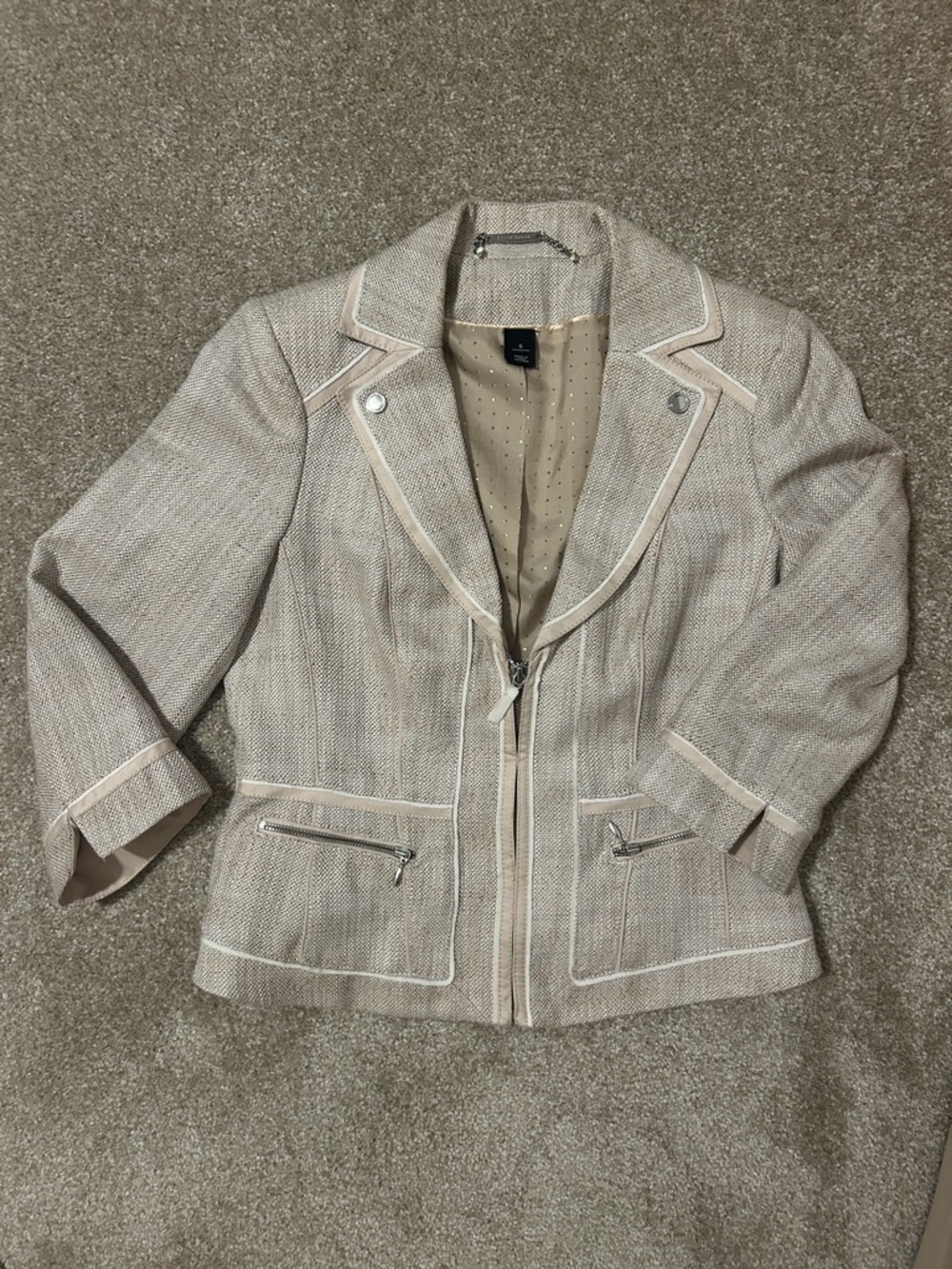 White House Black Market Beige Textured Zip Blazer with Cream Trim